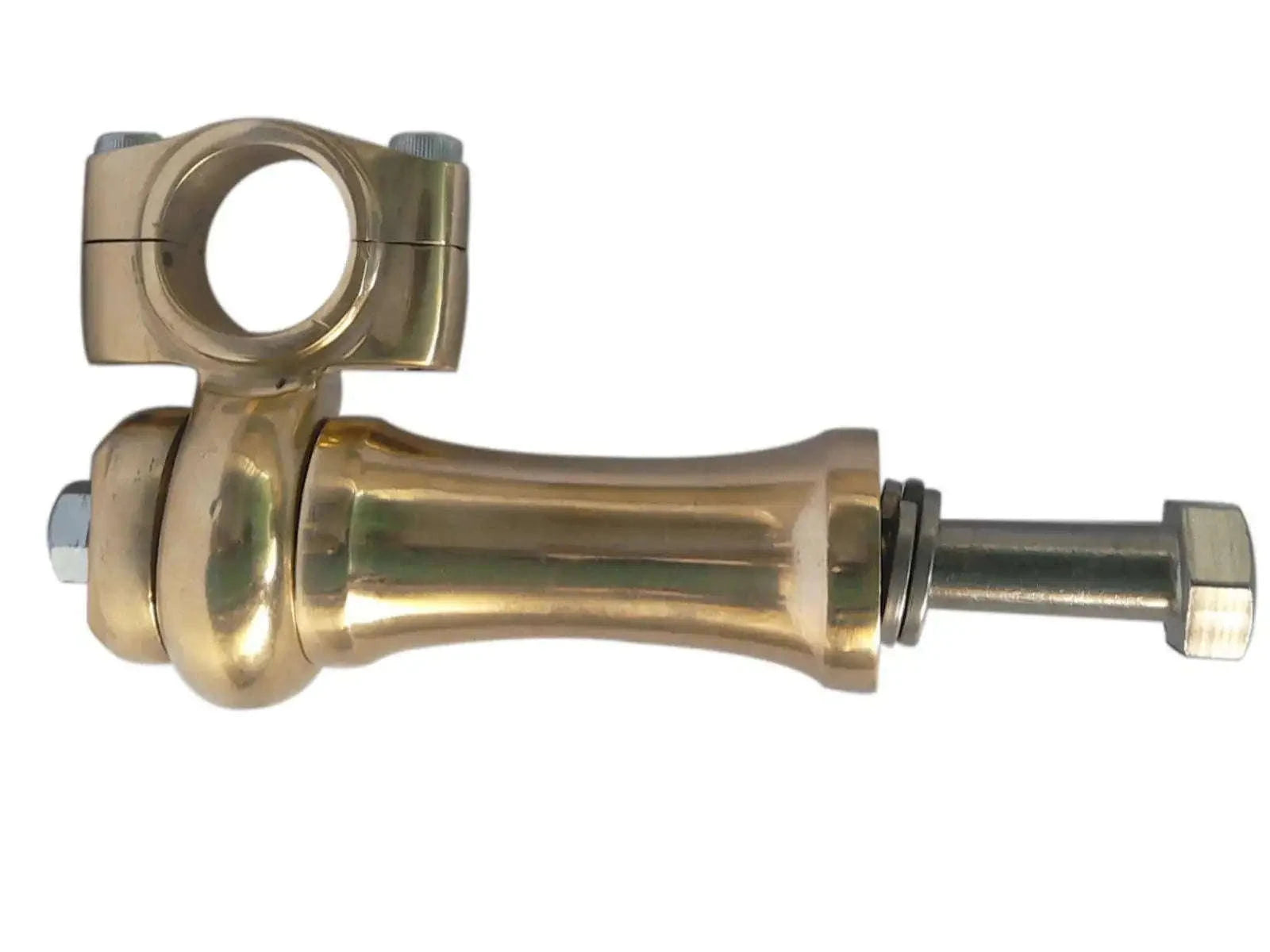 Brass handlebar riser clamp with riser bar and mounting bolt, metallic finish