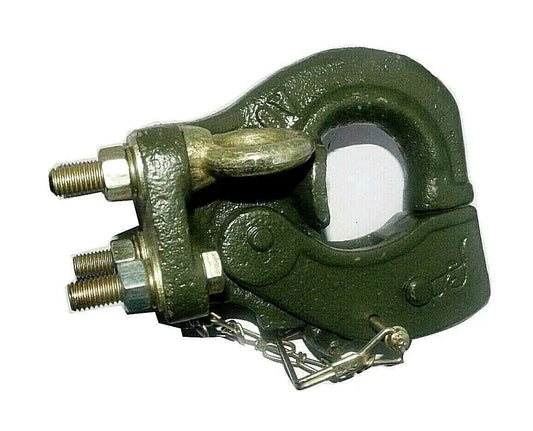 Military green pintle hitch towing hook with mounting bolts and safety chain