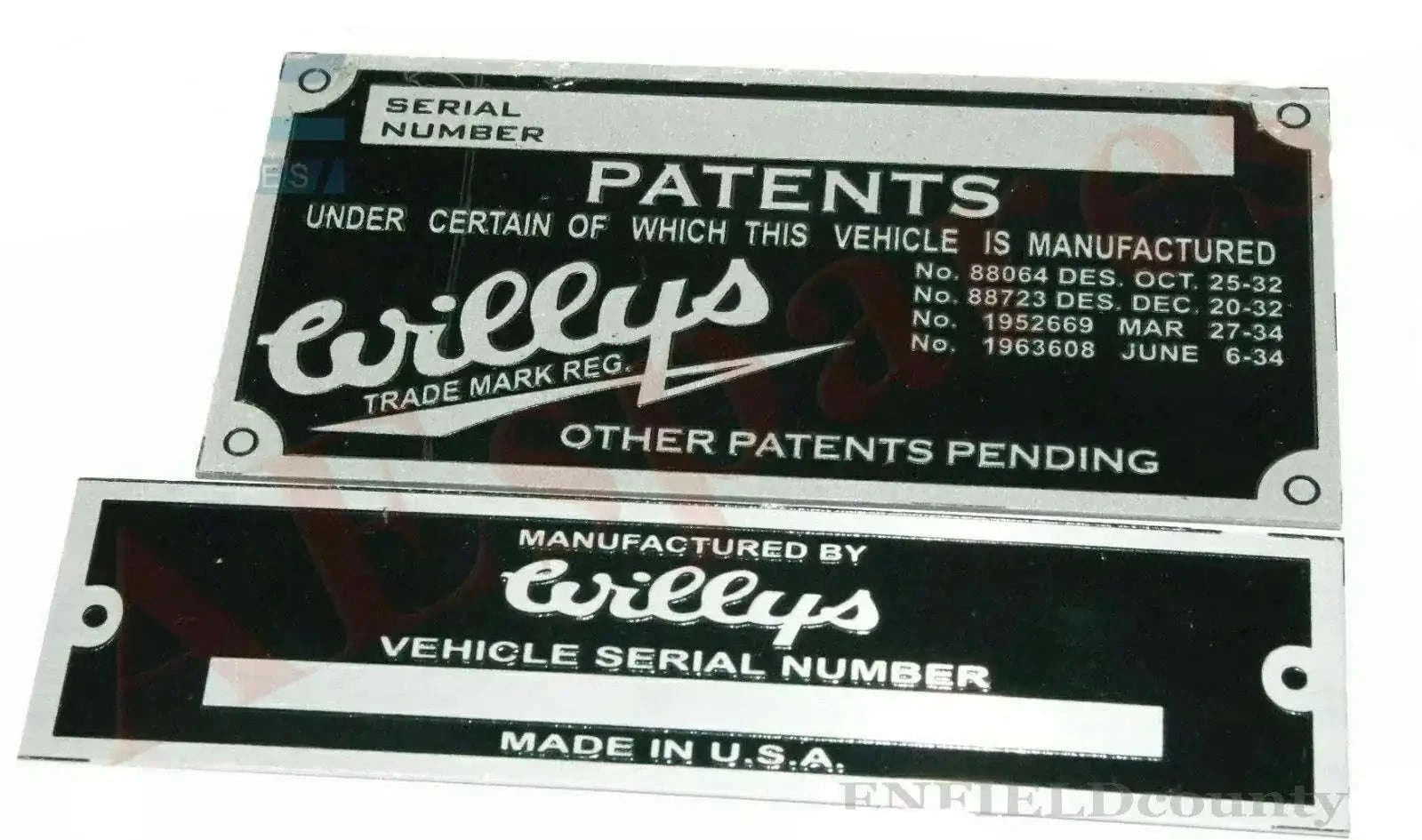 Brass vehicle serial number and patents plate with bordered text and mounting holes