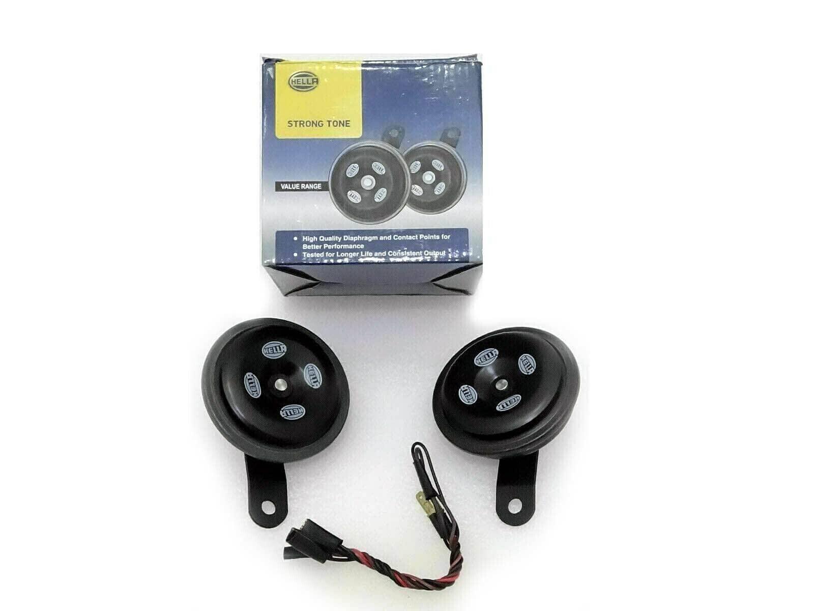 Pair of black 12V tractor horns with mounting brackets and wiring.