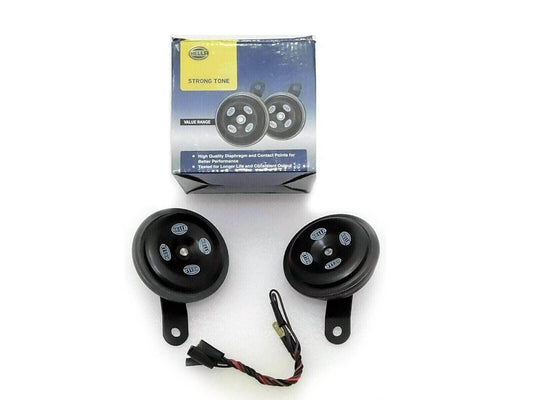 Pair of black 12V tractor horns with mounting brackets and wiring.