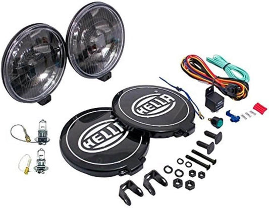 Hella 500 Series Black Magic lights with installation accessories and wiring kit