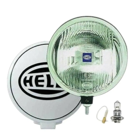 Round driving lamp with clear glass lens, gray housing, includes bulb and wiring