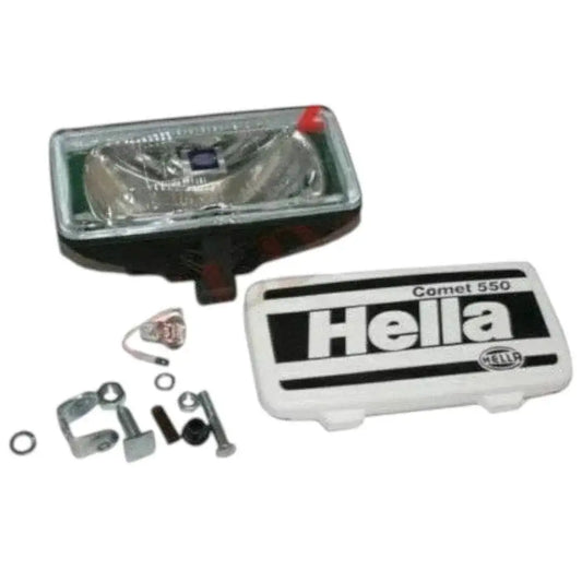 Spot driving light with clear lens and white cover; Hella Comet 550 label