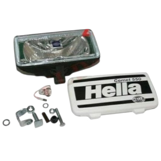 Hella Comet 550 driving light with mounting hardware and protective cover for enhanced visibility