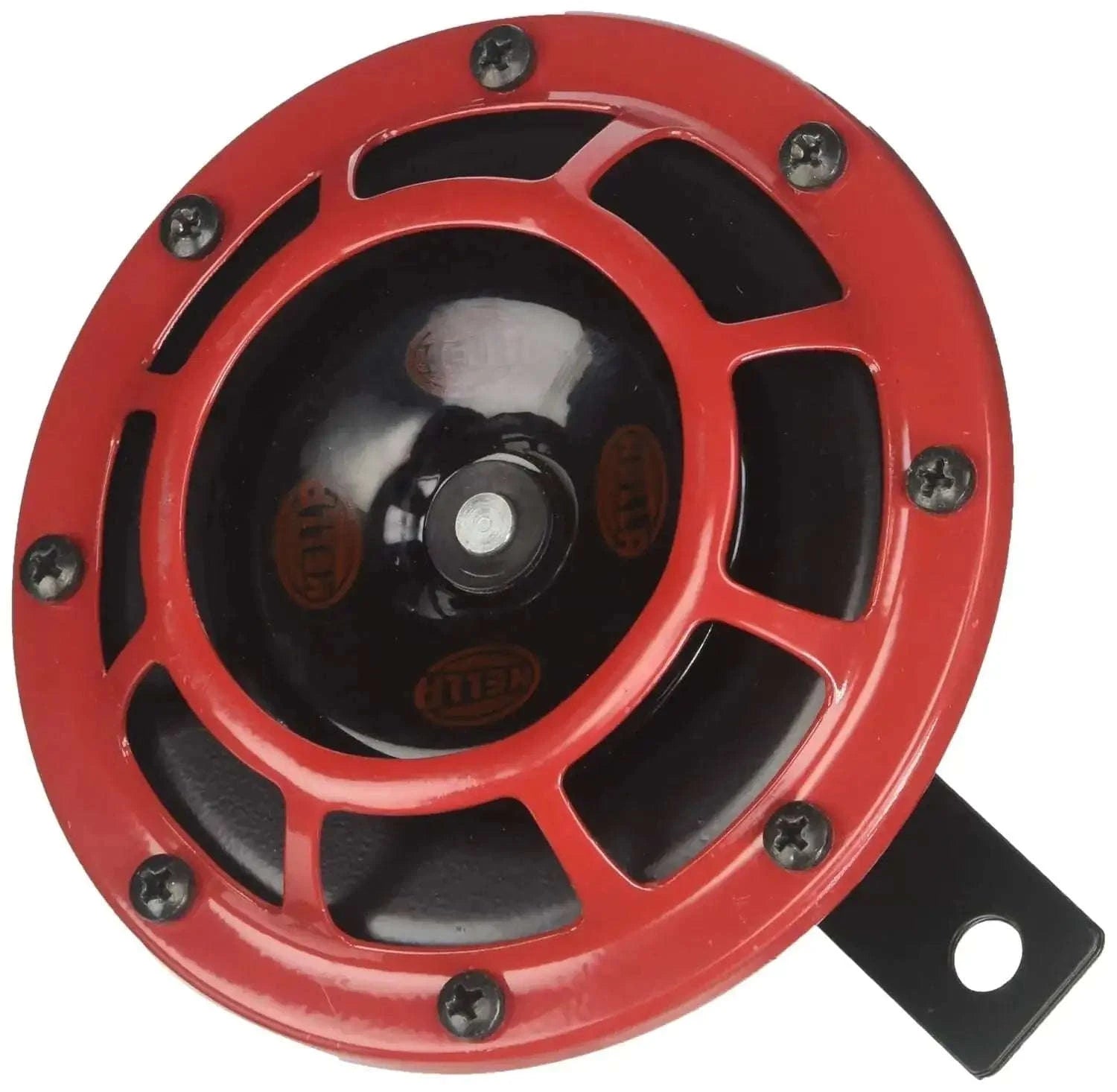 Red circular 12V horn with black mounting bracket and screw heads
