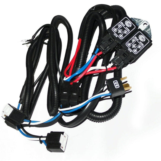 Headlamp wiring harness with relay module and multiple connectors, black cable loom