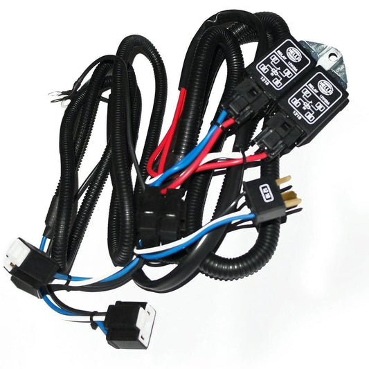 Headlamp wiring harness with relay module and multiple connectors, black cable loom