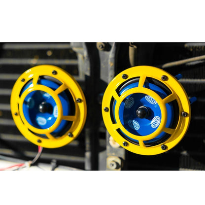 High tone low tone horn kit with yellow housing and blue accents for automotive vehicles