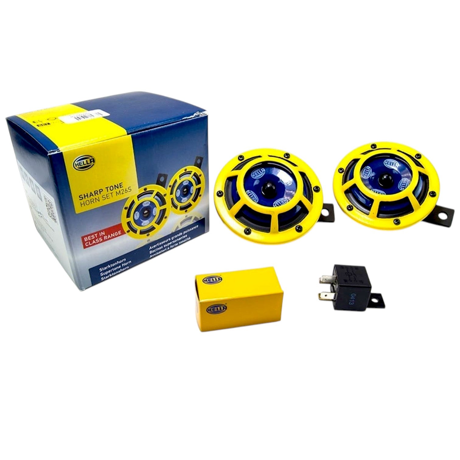 High tone low tone horn kit with yellow speakers, mounting brackets, and relay for vehicles