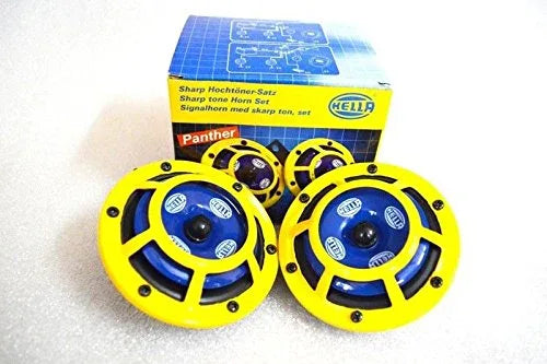 Hella twin supertone horn kit with two yellow horns and blue center drivers