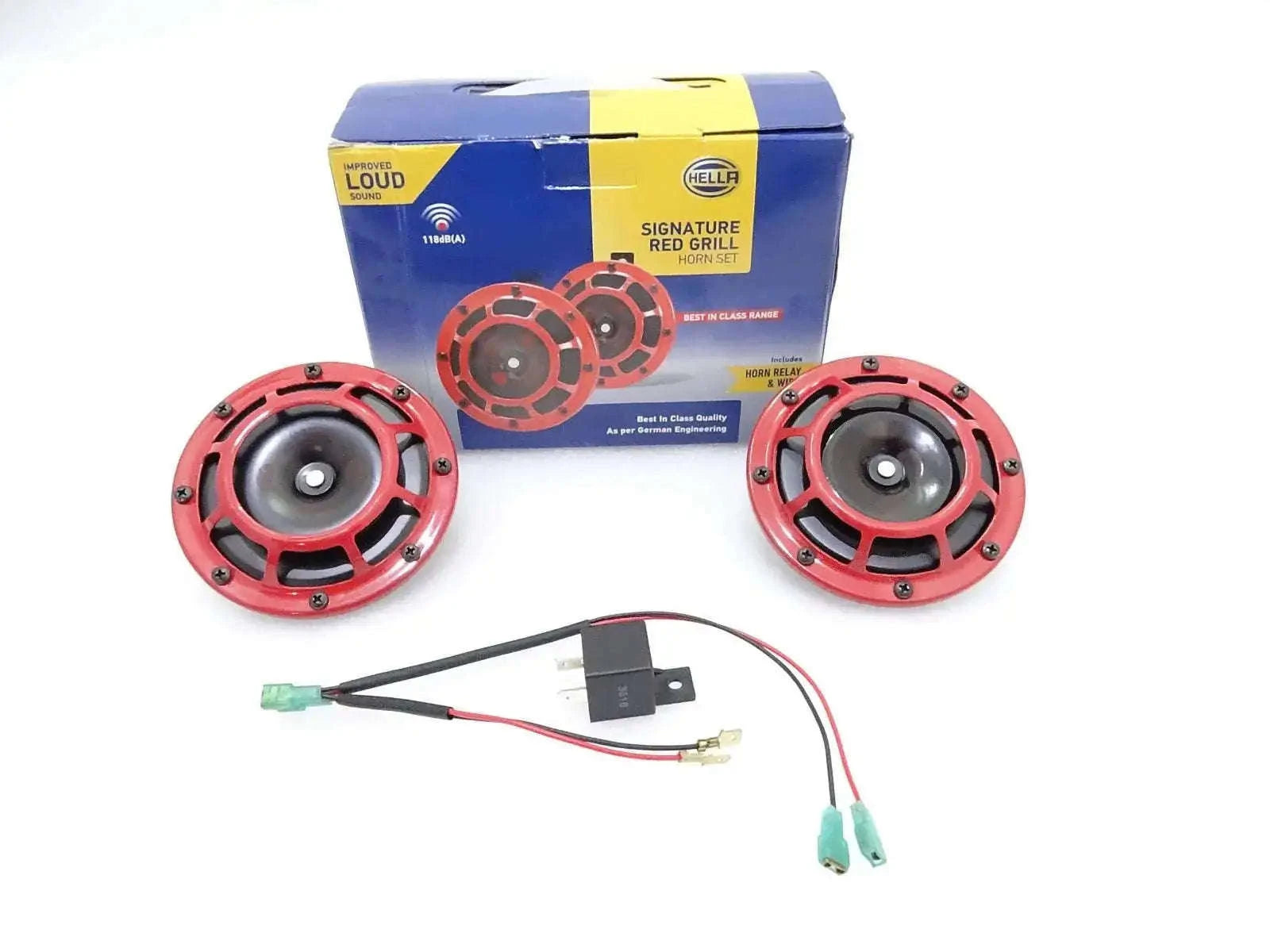 HELLA Red Grill Supertone Horn Set 12V Pair with wiring harness