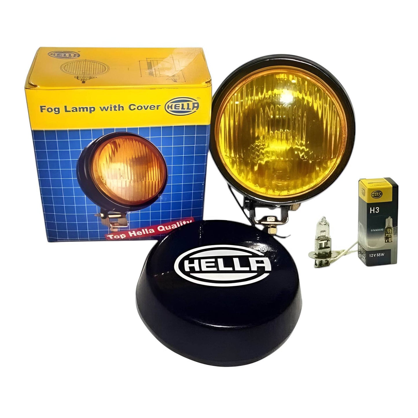 Hella round fog lamp with yellow light and cover, includes H3 bulb, packaged for easy installation