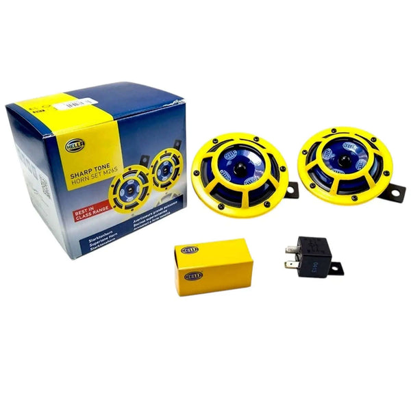 High tone low tone horn kit with yellow speakers, mounting brackets, and relay for vehicles