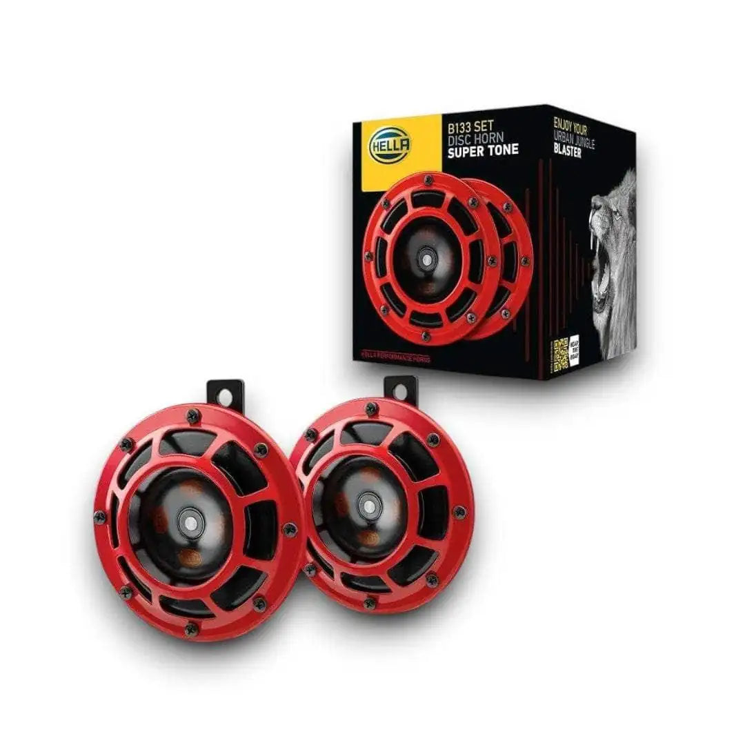 Pair of red car horns with round grille and mounting bracket set