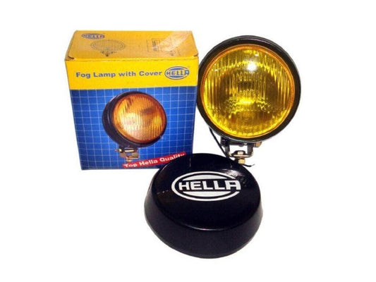 Round fog lamp with yellow glass cover, black housing; bulb not included, Hella