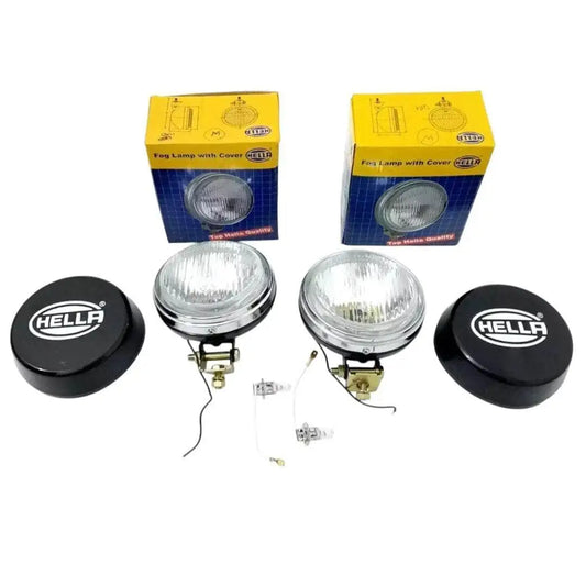 Fog lamps with clear lenses, black Hella covers, and H3 halogen bulb included