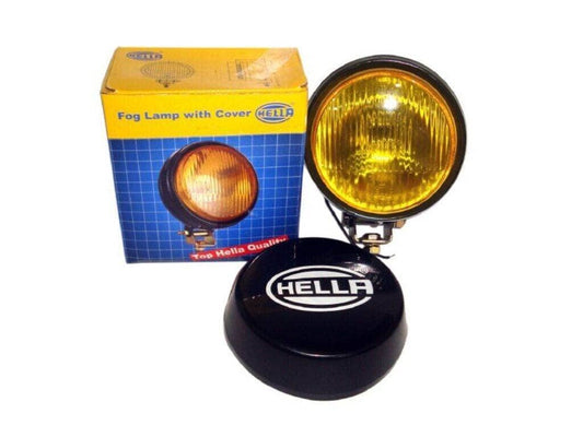 Universal Fit fog lamp with yellow glass and cover, designed for automotive use without bulb