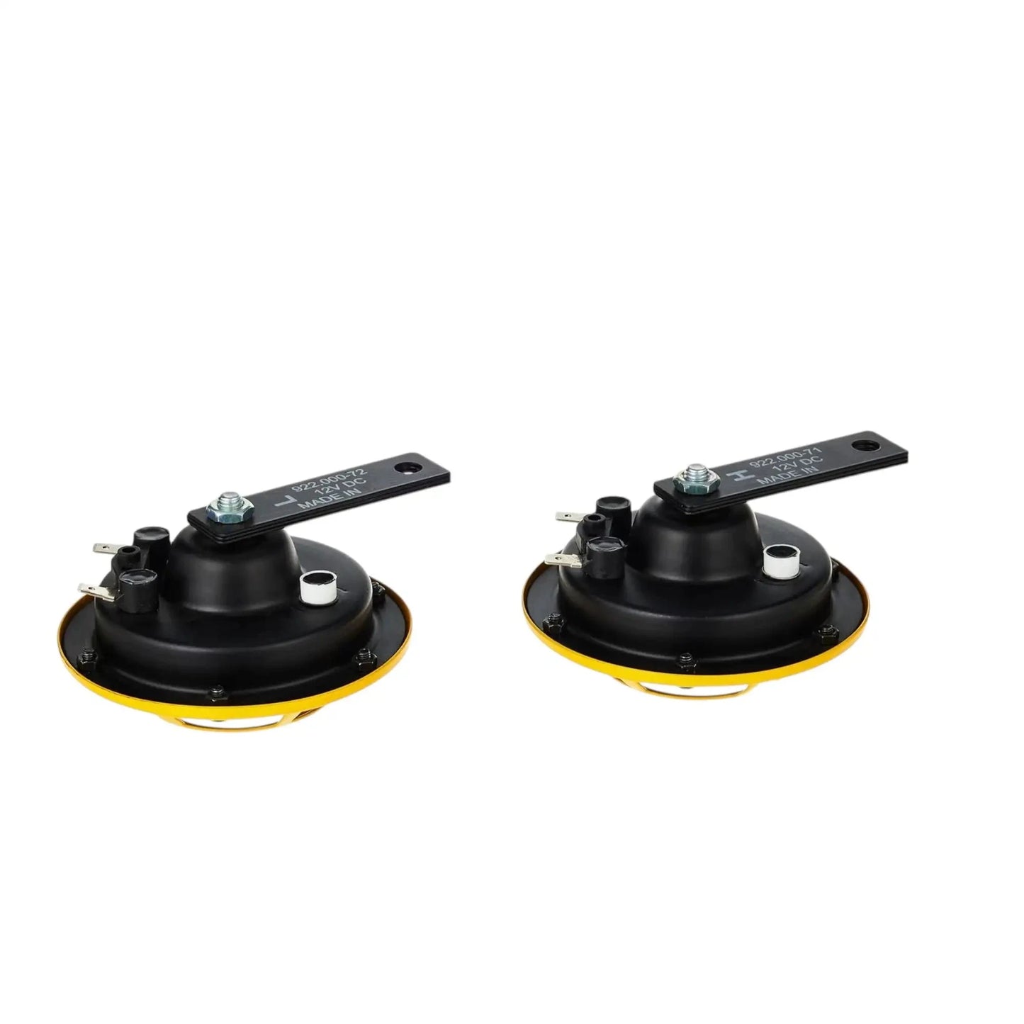 Pair of car horn units with black bases, bolts, and metal mounting tabs