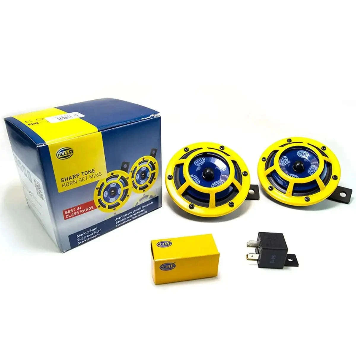 Pair of yellow car horns with blue centers and mounting brackets, plus relay.