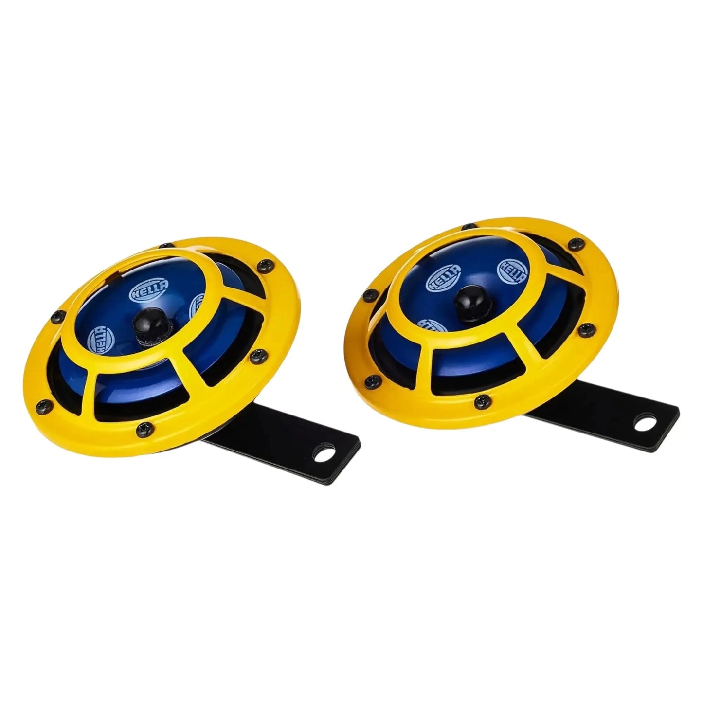 Yellow and blue horn set with black mounting brackets and spade terminals
