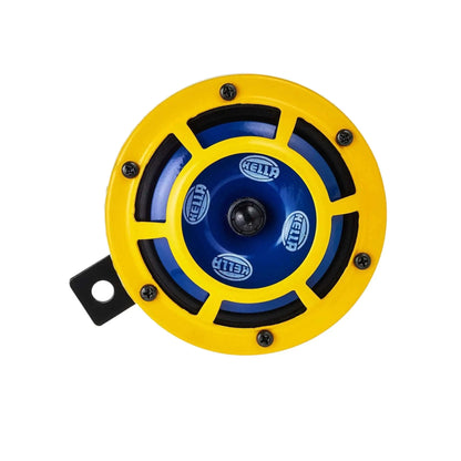 Yellow and blue electric horn with Hella logo and black mounting tab