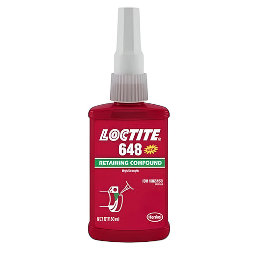 Loctite 648 retaining compound in a 50ml bottle, designed for strong bonding and securing industrial components