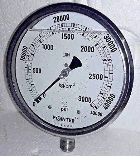 Dual-scale pressure gauge face with dark bezel, bar and psi dial markings, pointer