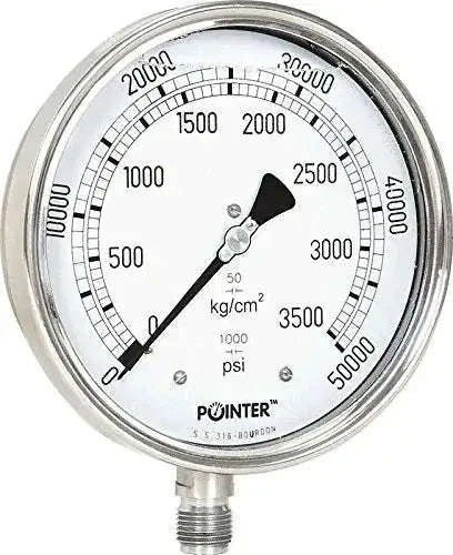 Dual-scale pressure gauge, metal casing, black pointer; psi and kg/cm² dial face