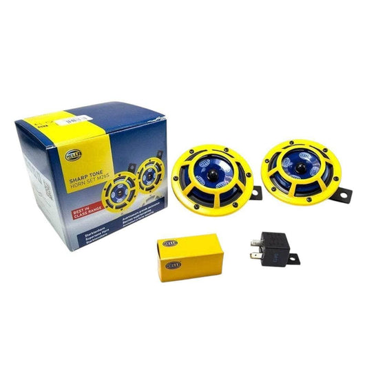 Twin horn kit with yellow horns, mounting brackets, and yellow relay, in retail box