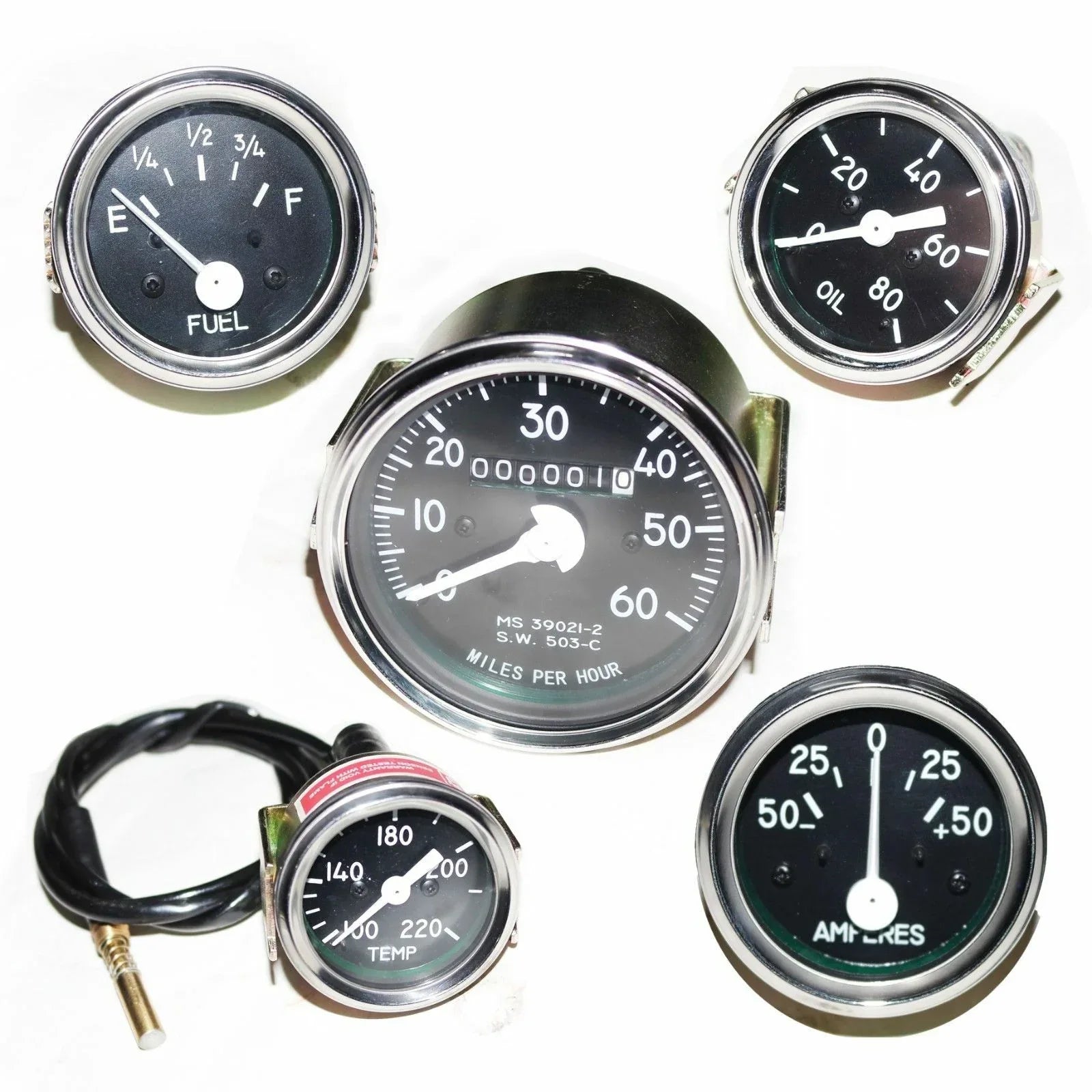 Analog gauge set with fuel, oil, temperature, and amp meters, round chrome bezels