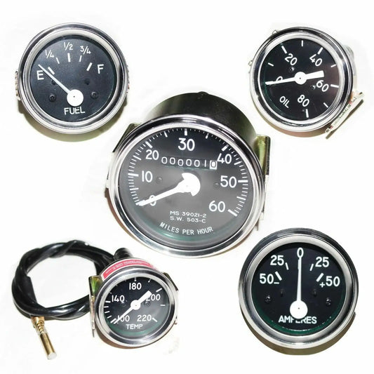 Analog gauge set with fuel, oil, temperature, and amp meters, round chrome bezels