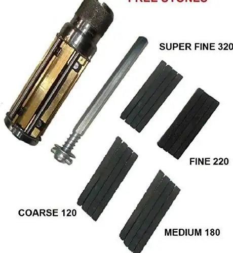 Honing machine for engine cylinders, featuring various grit stones for precise honing: coarse to super fine sizes.
