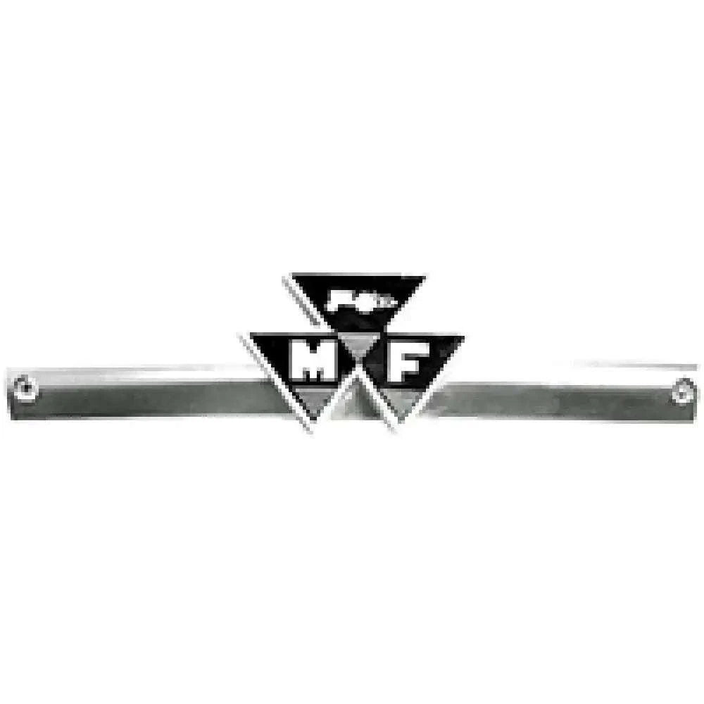 Hood emblem with MF logo on a chrome metal bar
