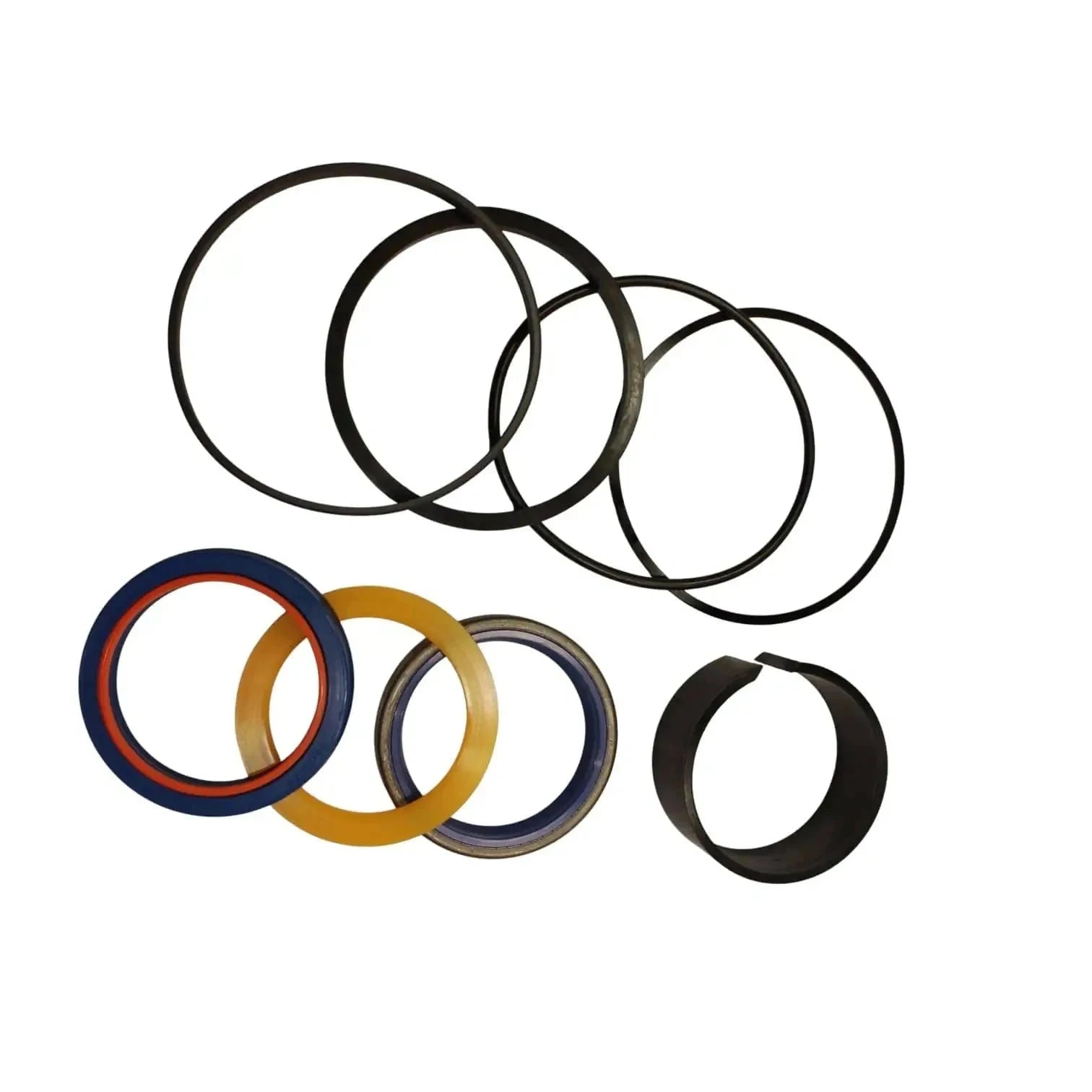 Hydraulic cylinder seal kit with black rings, blue and gold seal rings, and one gray ring
