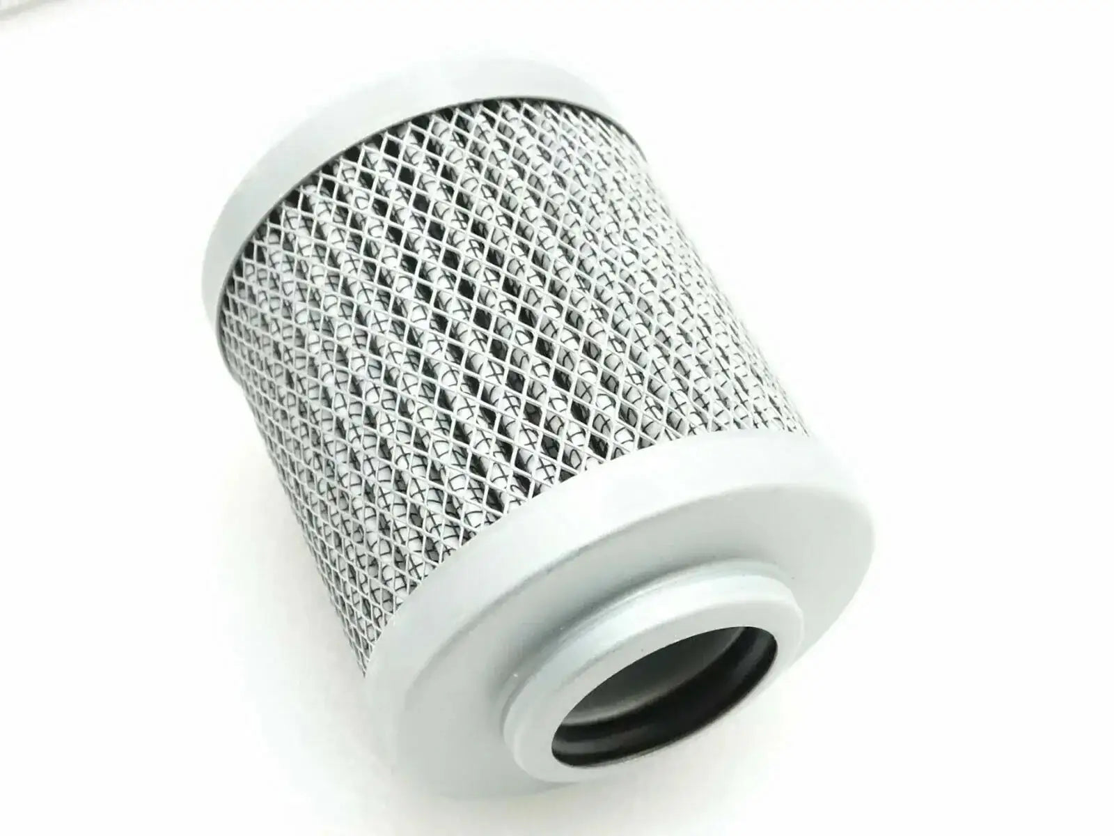 Hydraulic filter element with gray metal mesh and white end cap, cylindrical