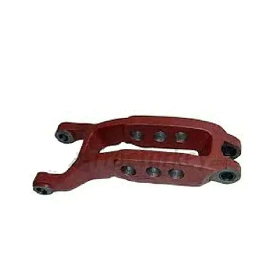 Hydraulic lift arm center link beam: red metal bracket with mounting holes and bushings