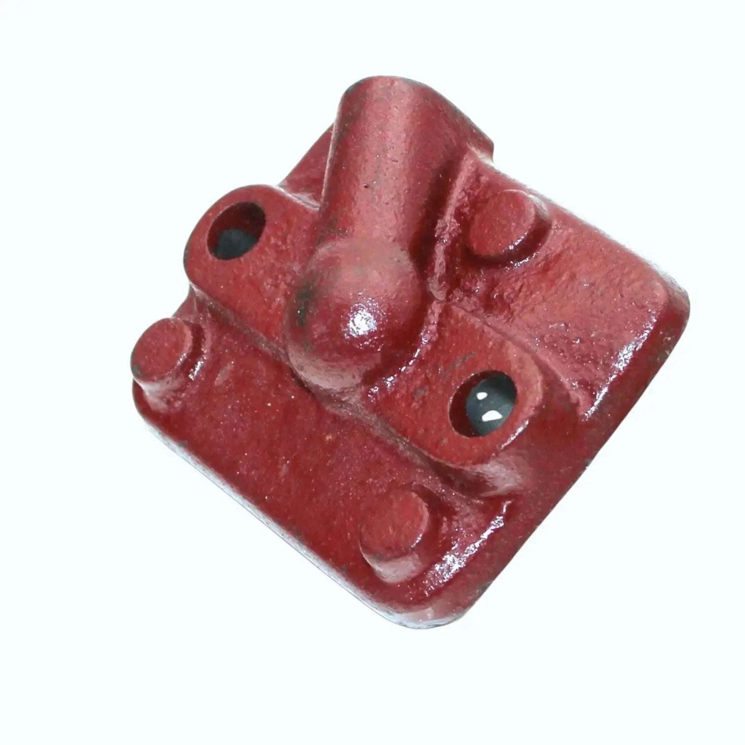 Hydraulic lift head cap, red metal with two mounting holes and central lever