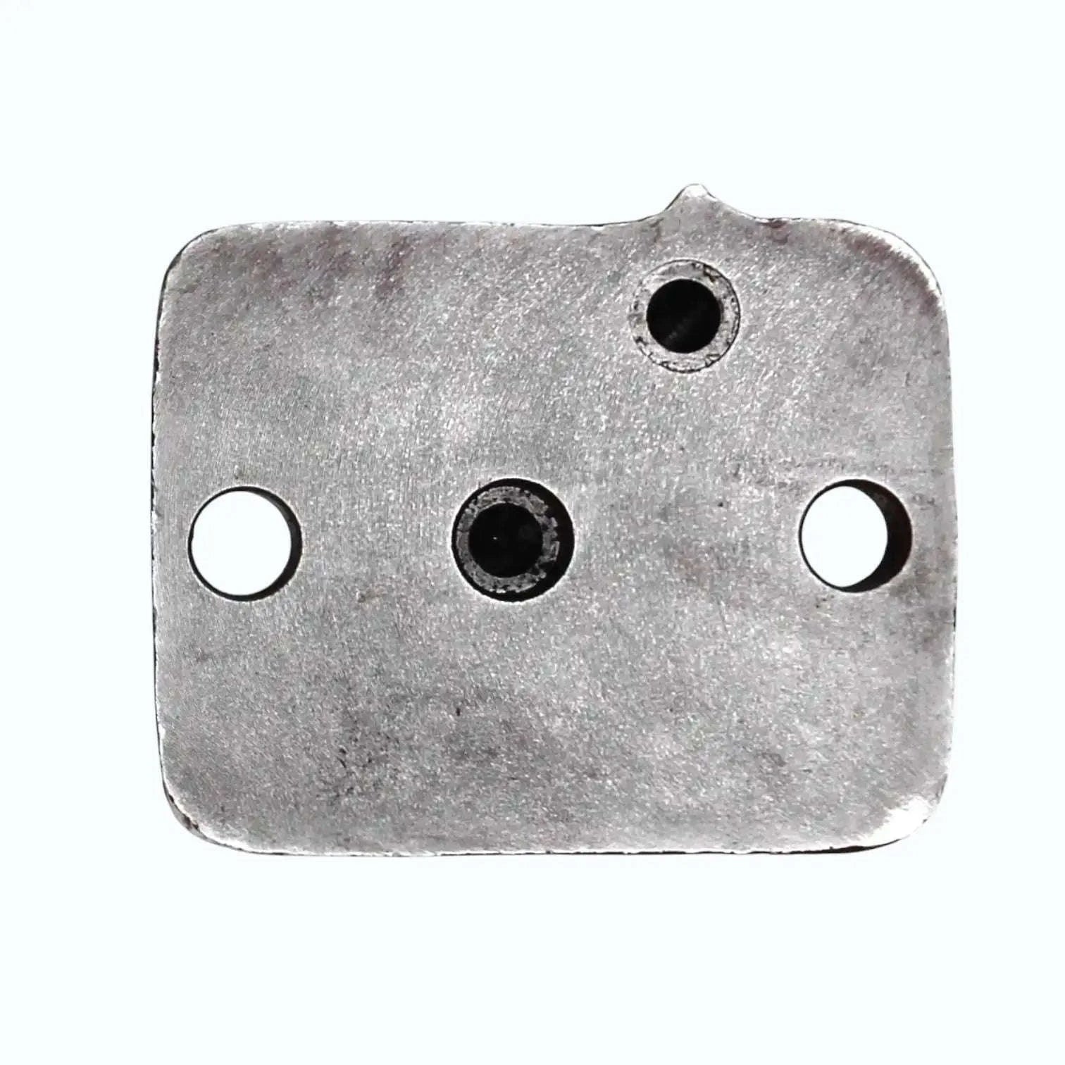 Hydraulic lift head cap, gray metal plate with three holes and two side openings