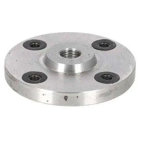 Hydraulic pump adapter plate, round metal disc with center threaded port and four bolt holes