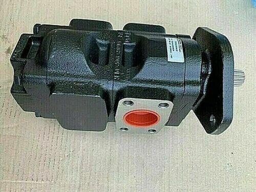 Main hydraulic pump with black housing and side mounting plate, circular red port