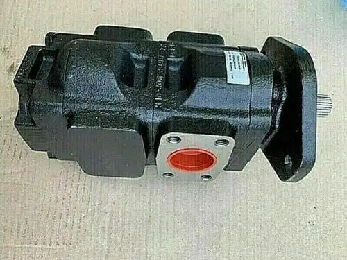 Main hydraulic pump with black housing and side mounting plate, circular red port