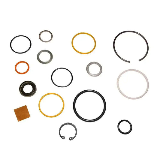 Hydraulic seal kit with multiple rubber O-rings and metal snap rings, assorted sizes