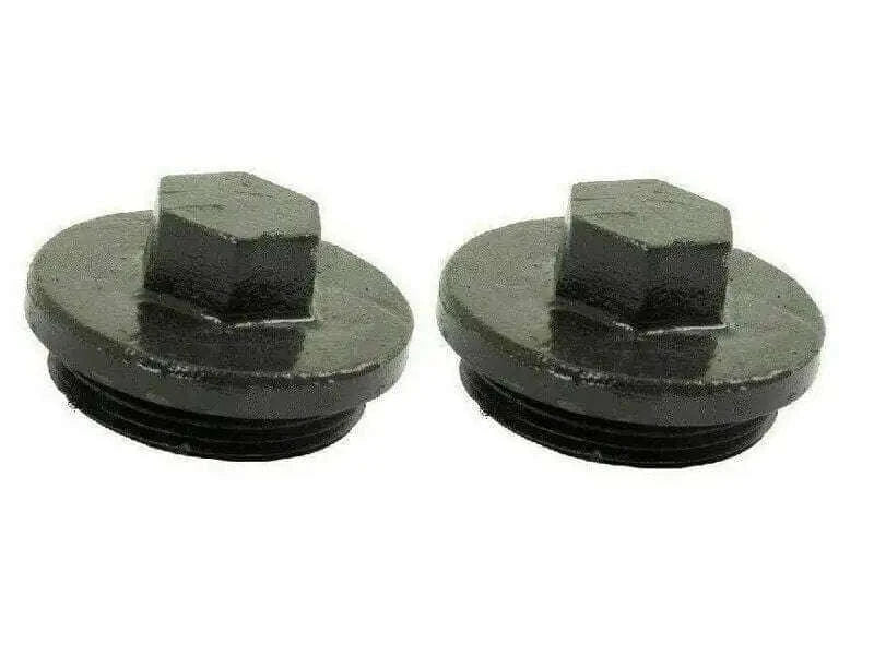 Pair of hydraulic transmission oil filler caps, round black plugs with hex tops