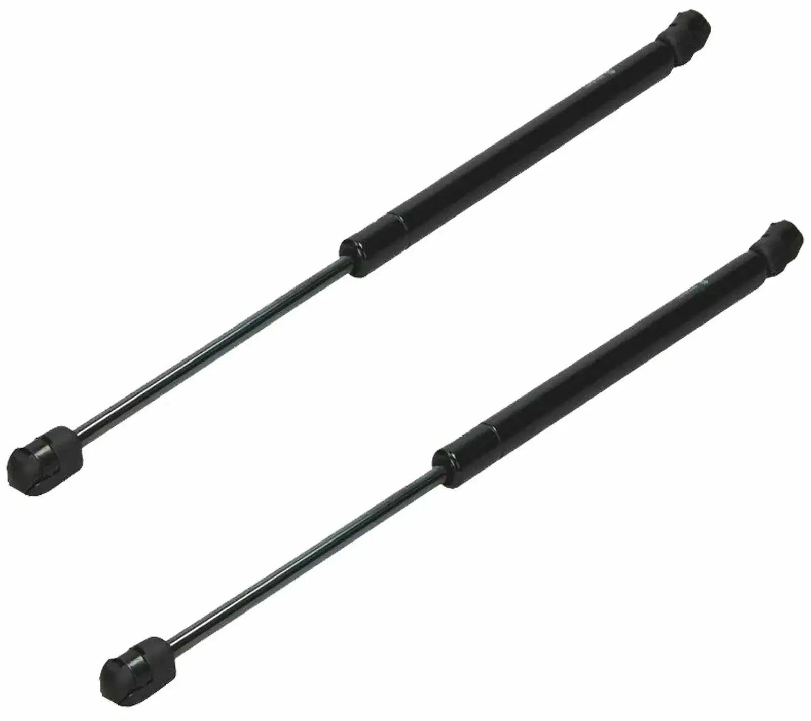 Pair of black tailgate gas struts with metal rods and end mounts