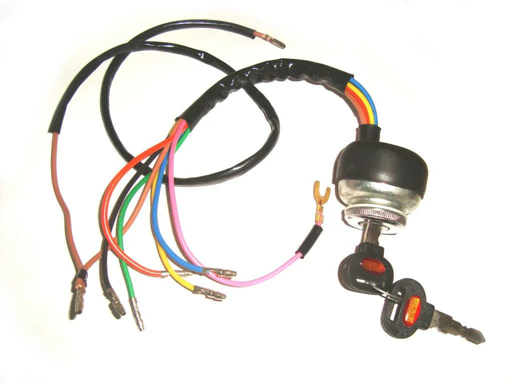 Ignition switch with multiple colored wires and two keys for vehicle electrical systems