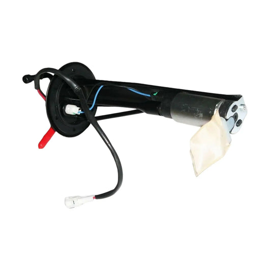 Fuel pump sender assembly with black cylindrical body, metal connector, and beige sleeve