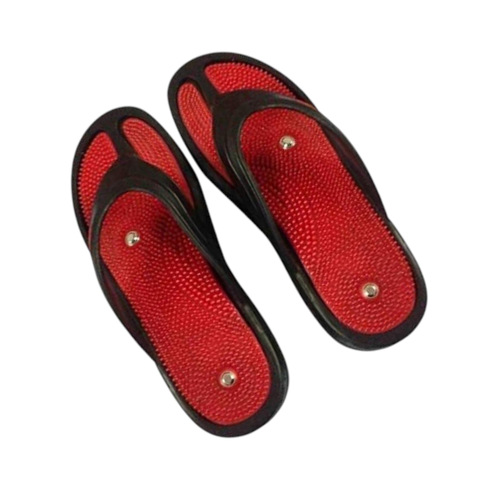 Red and black flip flop sandals, showing textured red footbeds and metal studs