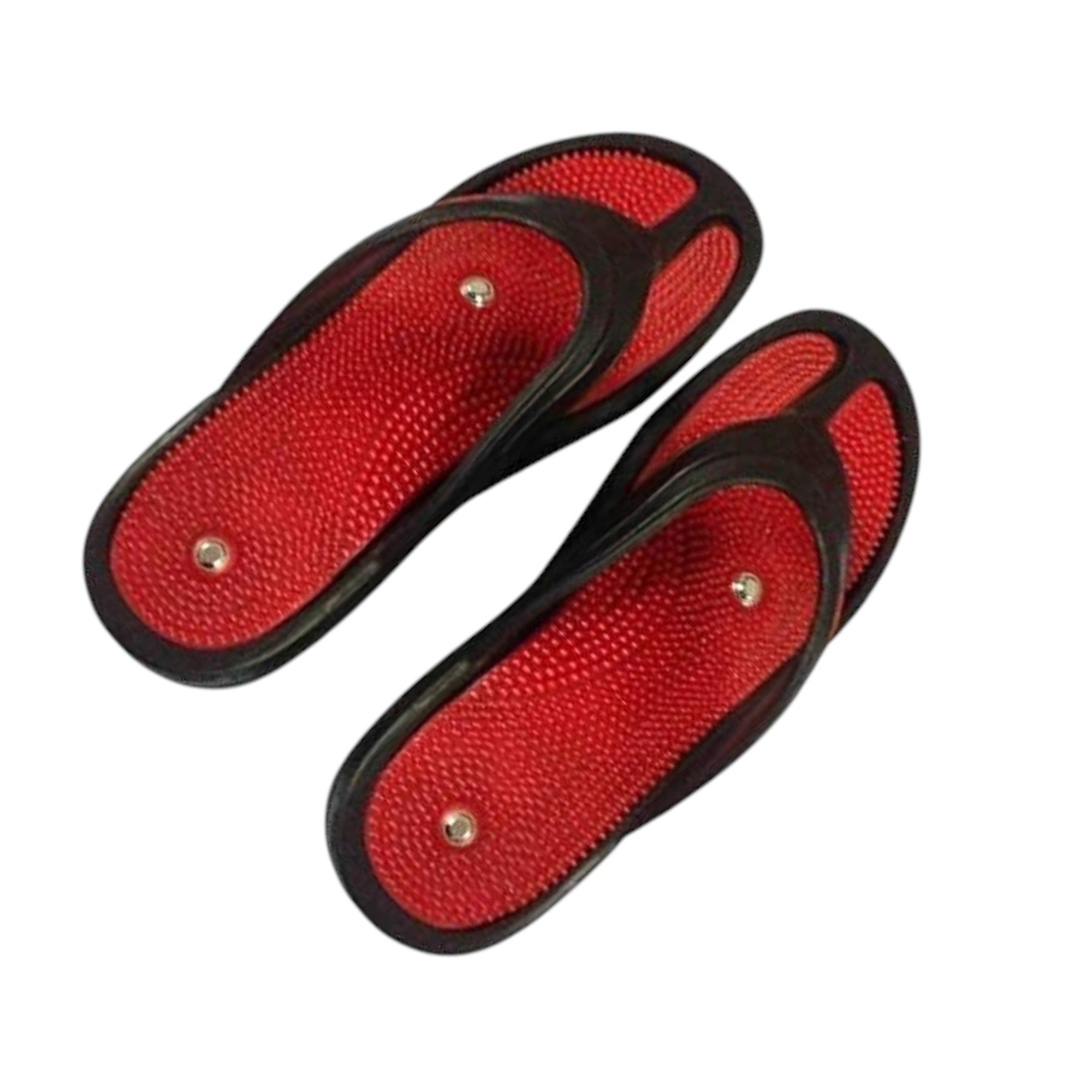 Red and black flip flop sandals with contoured straps and silver metal stud details