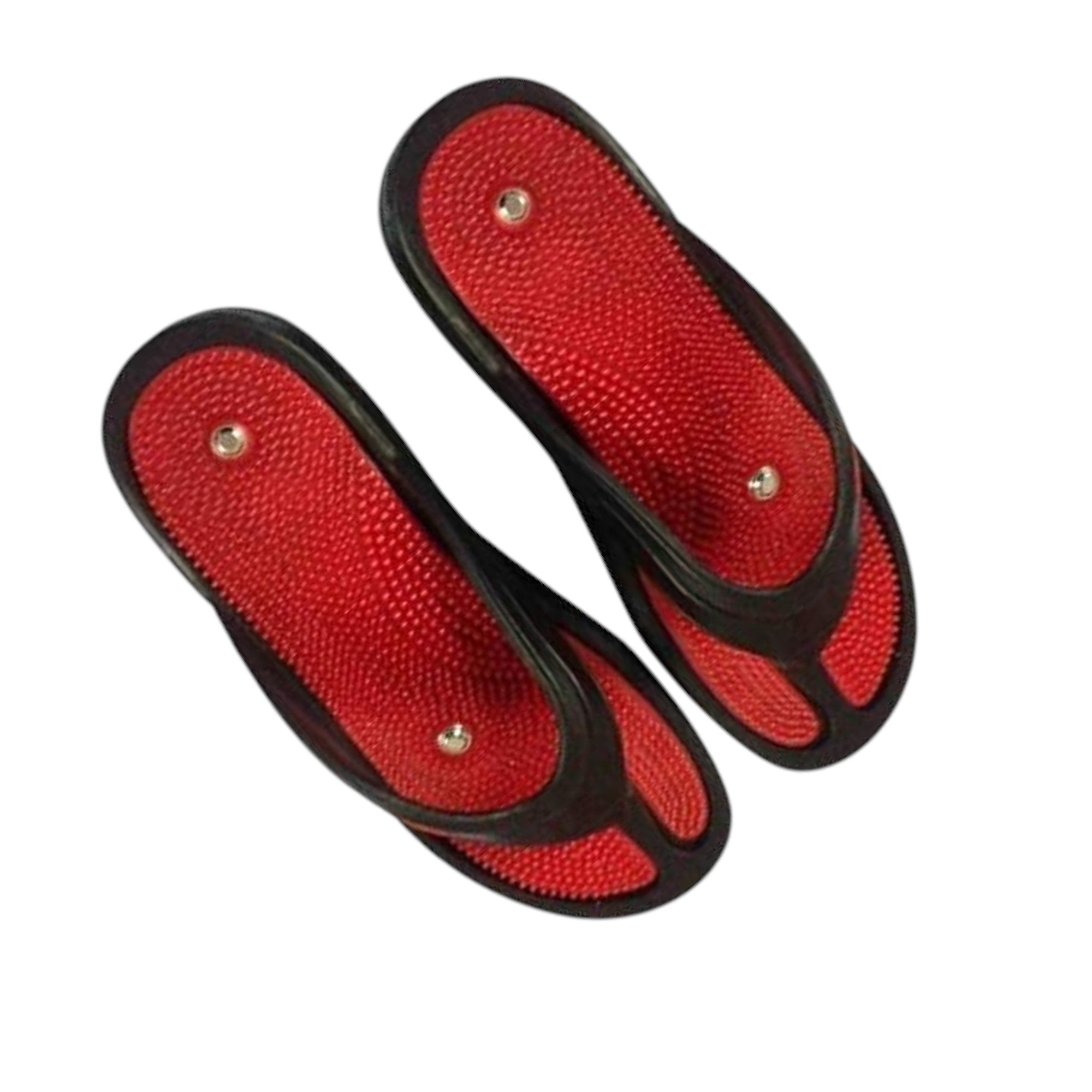 Red and black flip flop sandals with narrow thong straps and round silver stud plates